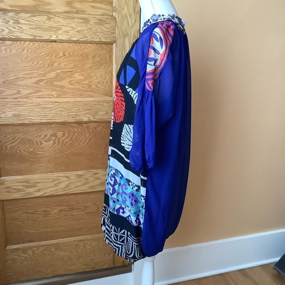 DESIGUAL Blue Multicolour Sheer Sleeve Dress Size 38 - Picture 3 of 16